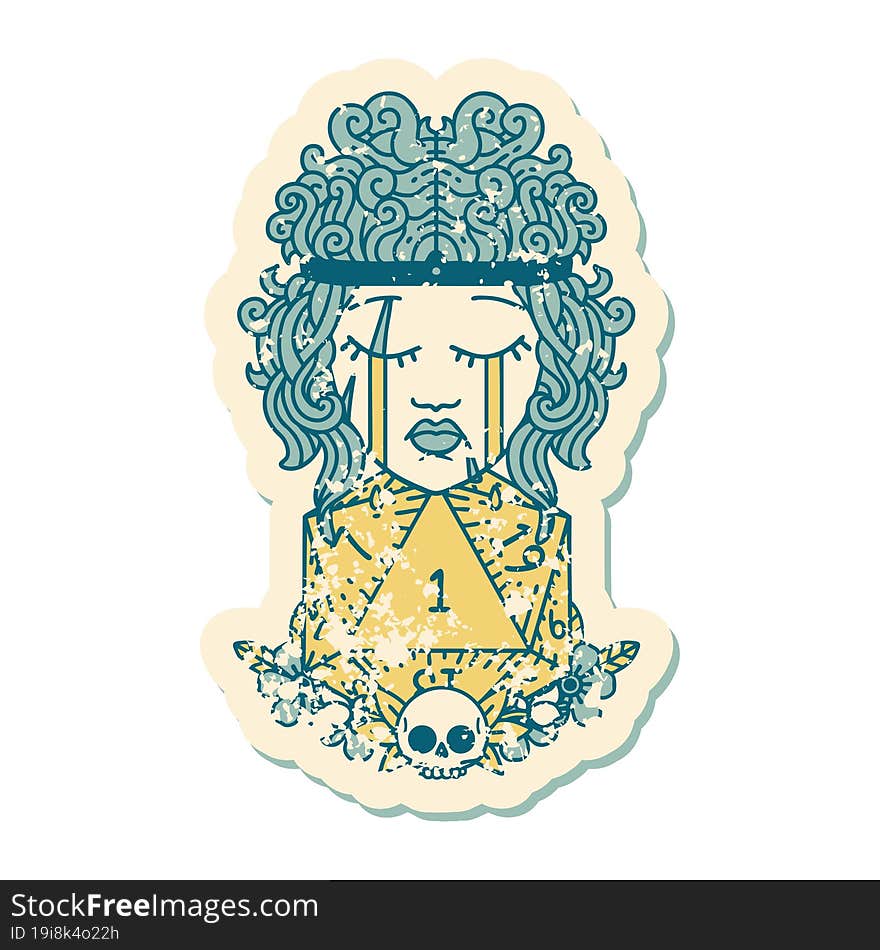 grunge sticker of a crying human barbarian with natural one D20 roll. grunge sticker of a crying human barbarian with natural one D20 roll