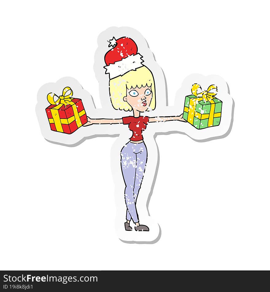 retro distressed sticker of a cartoon woman with xmas presents