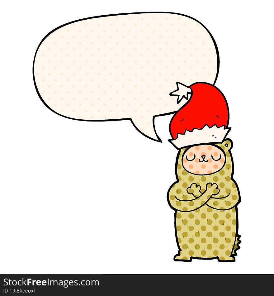 cartoon bear wearing christmas hat and speech bubble in comic book style