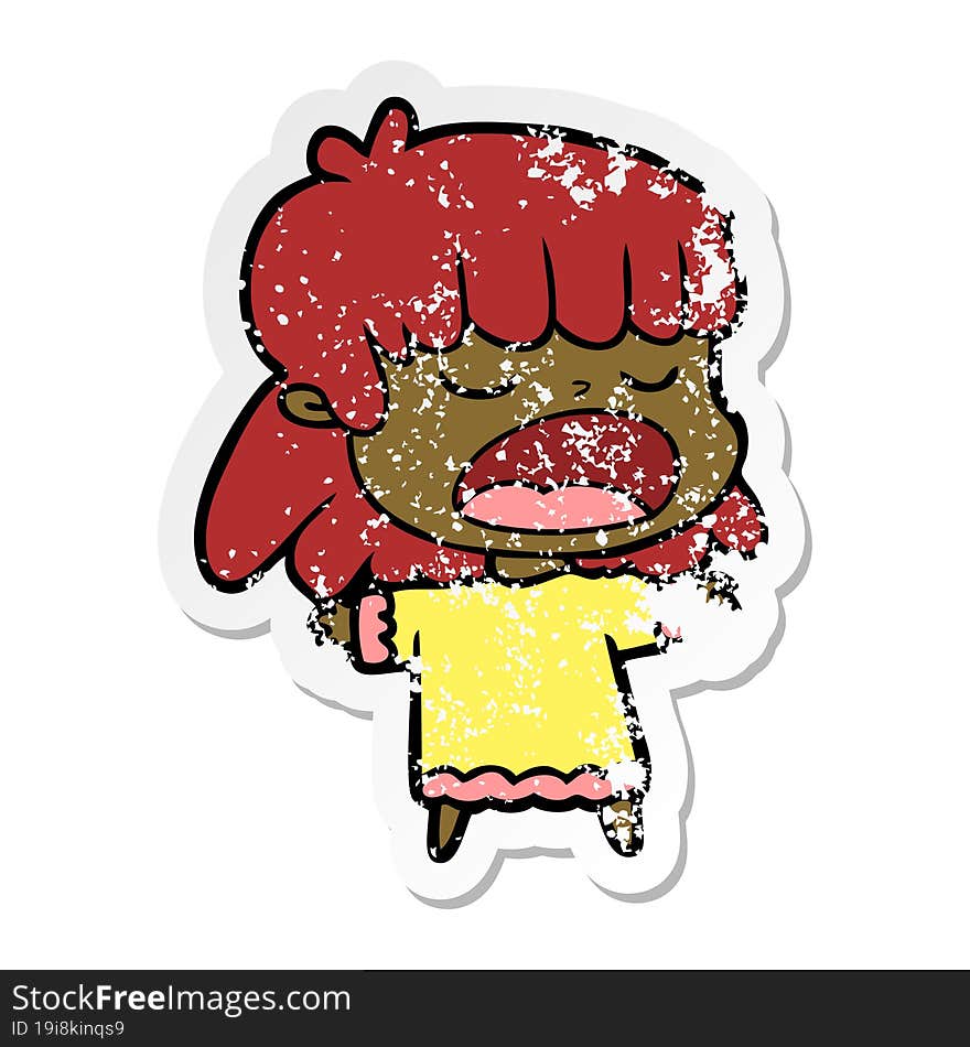 distressed sticker of a cartoon woman talking loudly