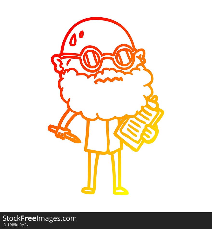 warm gradient line drawing of a cartoon worried man with beard and sunglasses taking survey