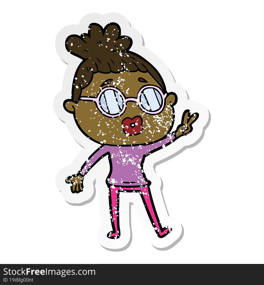 distressed sticker of a cartoon woman making peace sign