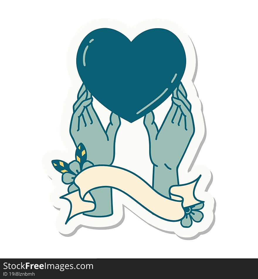 Tattoo Sticker With Banner Of A Hands Reaching For A Heart