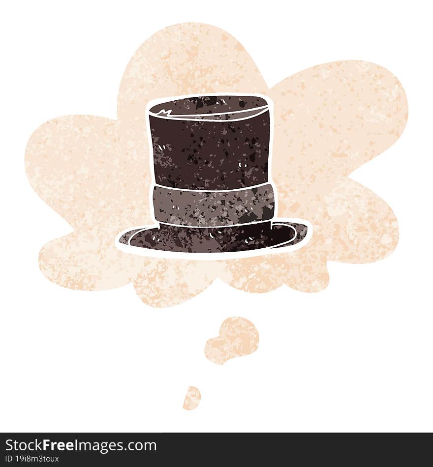 cartoon top hat and thought bubble in retro textured style