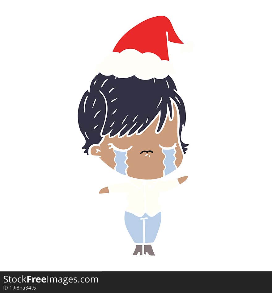 flat color illustration of a woman crying wearing santa hat