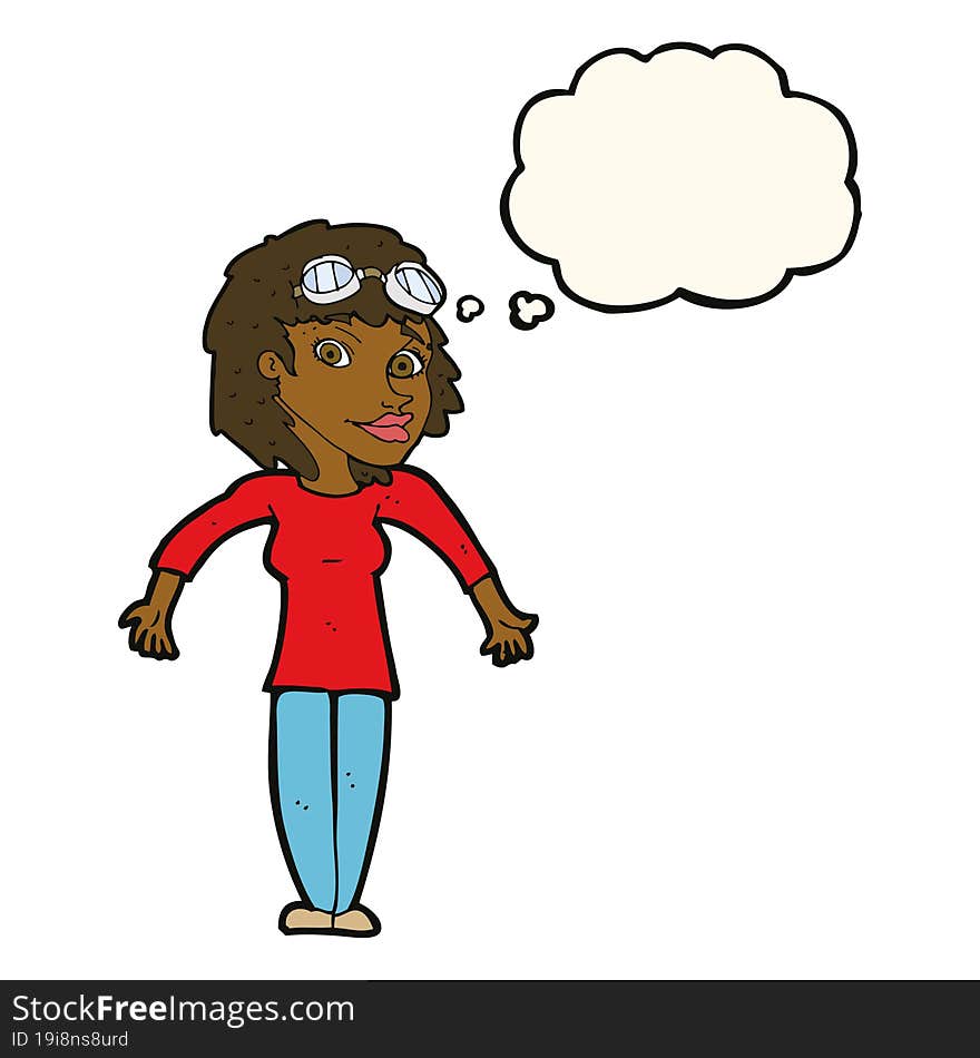 cartoon woman wearing goggles with thought bubble