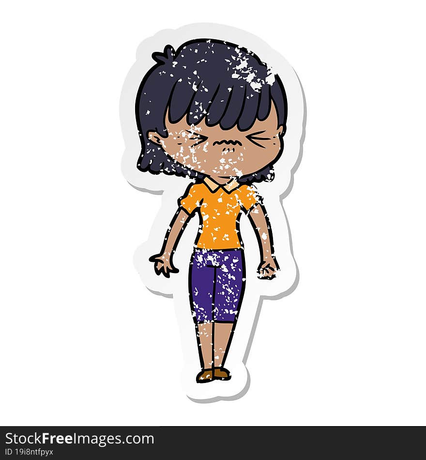 distressed sticker of a annoyed cartoon girl