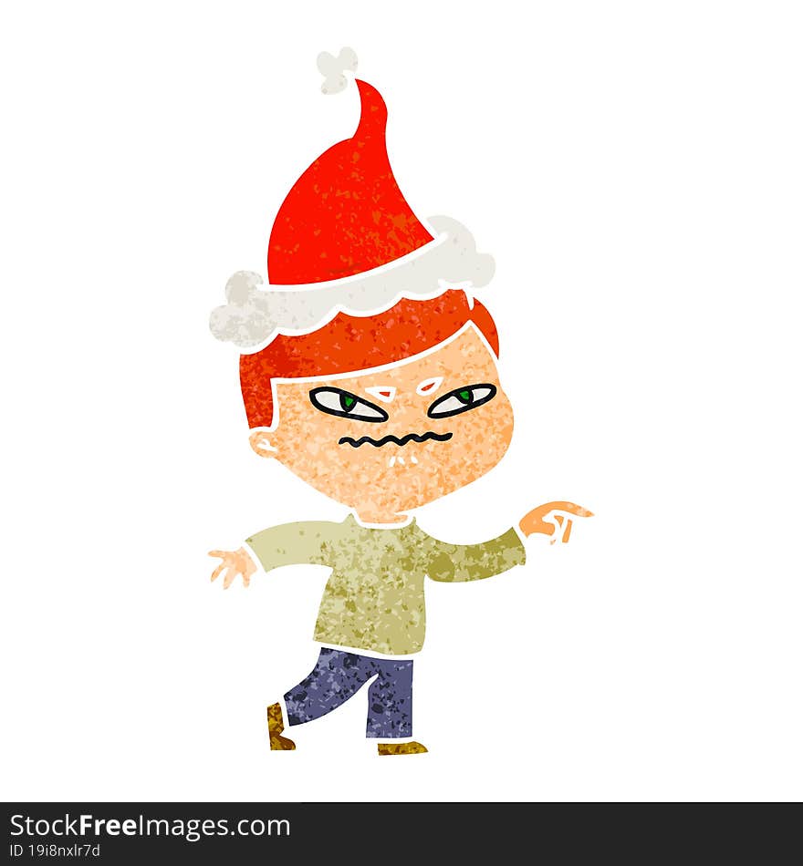 hand drawn retro cartoon of a angry man pointing wearing santa hat