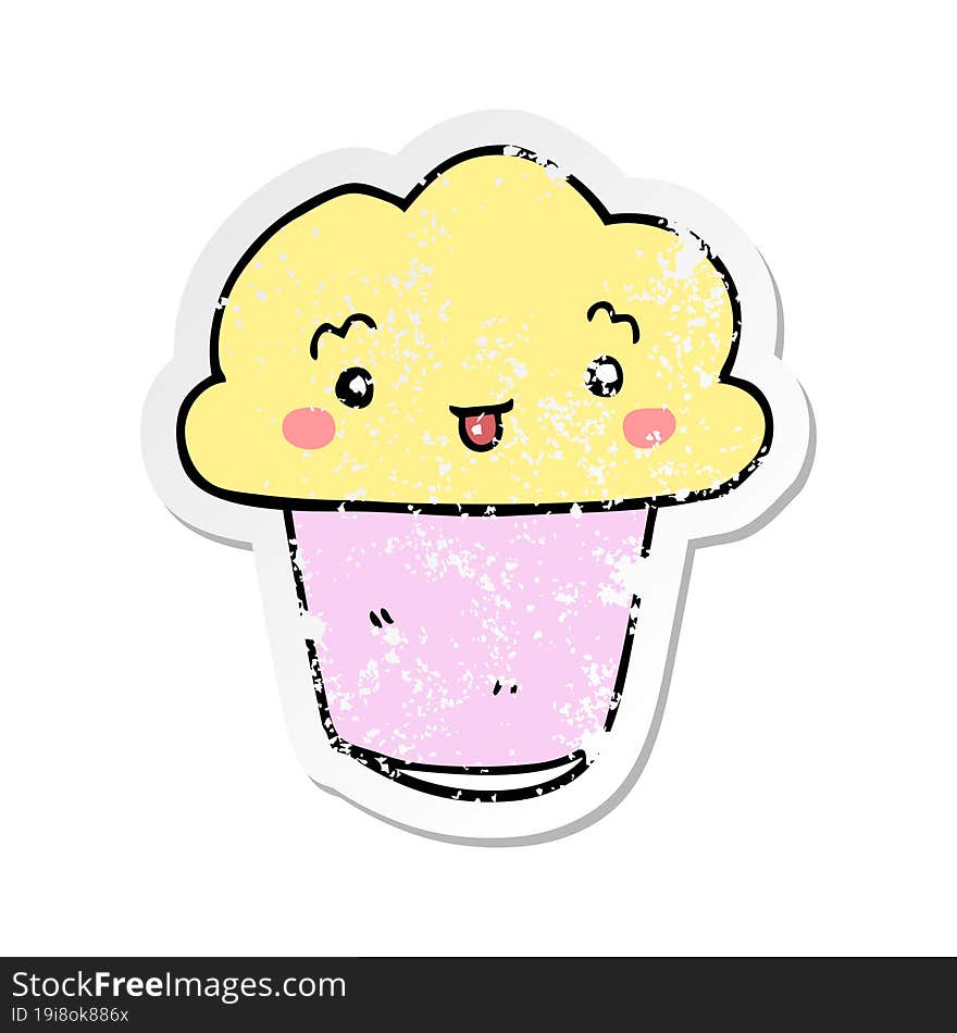 distressed sticker of a cartoon cupcake with face