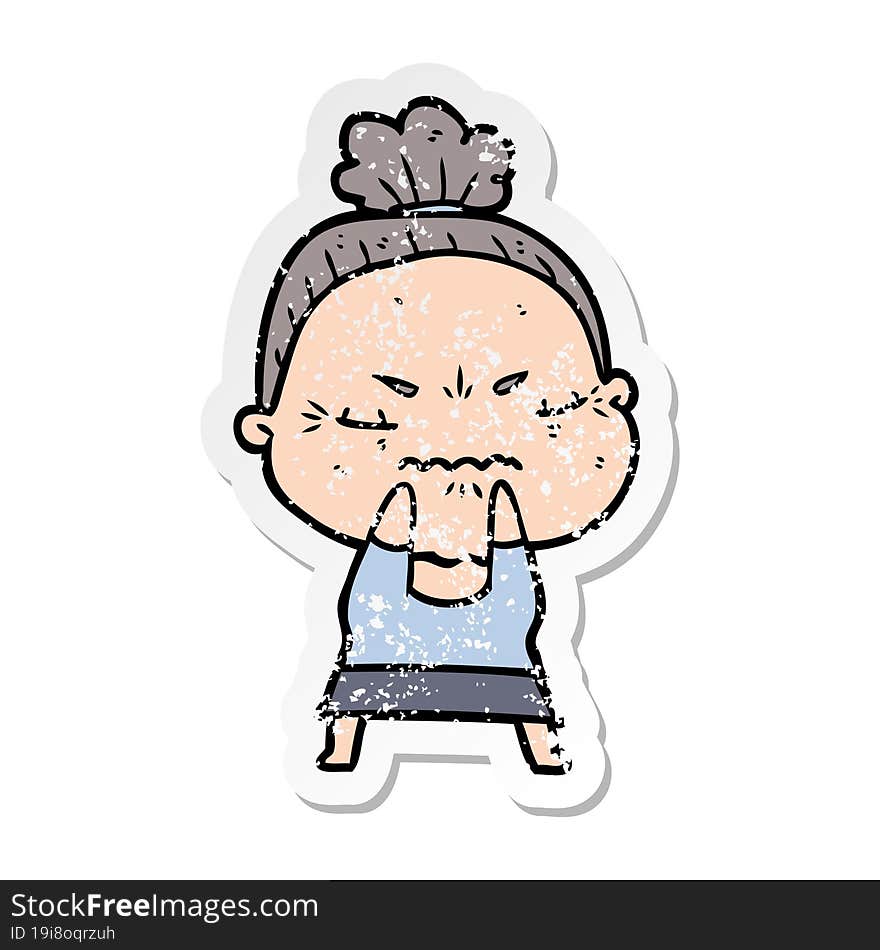 distressed sticker of a cartoon annoyed old lady