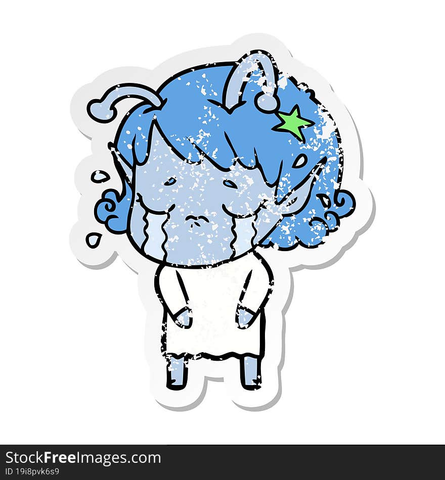 distressed sticker of a cartoon crying alien girl