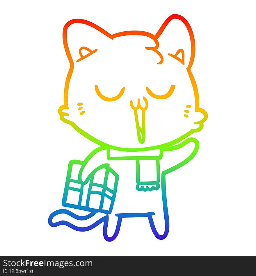 Rainbow Gradient Line Drawing Cartoon Cat With Gift