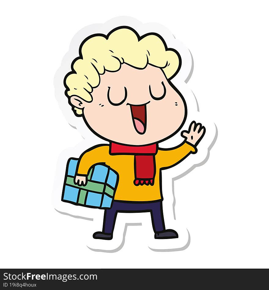 Sticker Of A Laughing Cartoon Man With Present