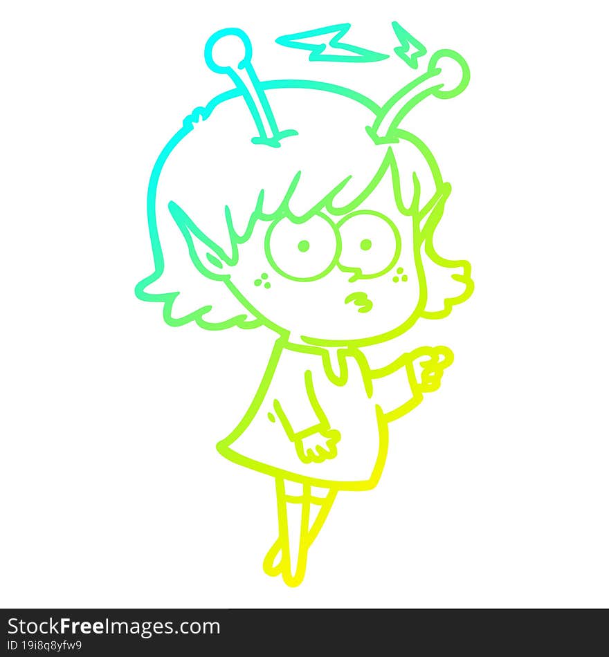 cold gradient line drawing of a cartoon alien girl