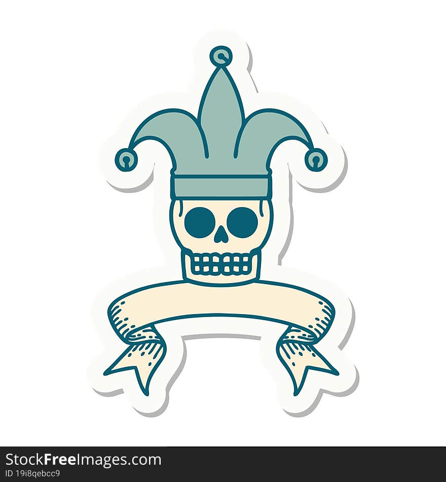 tattoo sticker with banner of a skull jester