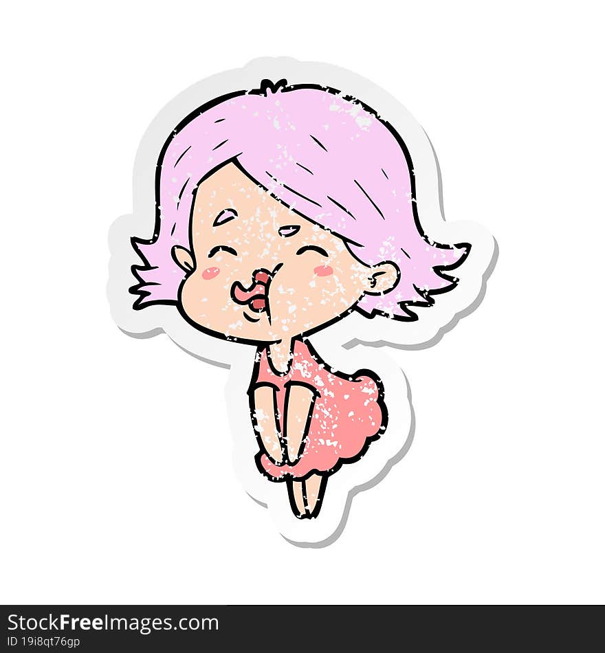 Distressed Sticker Of A Cartoon Girl Pulling Face