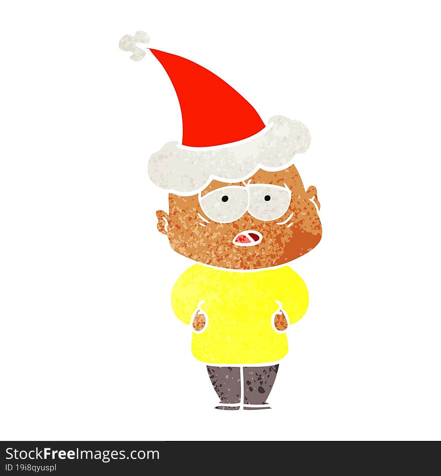 retro cartoon of a tired bald man wearing santa hat