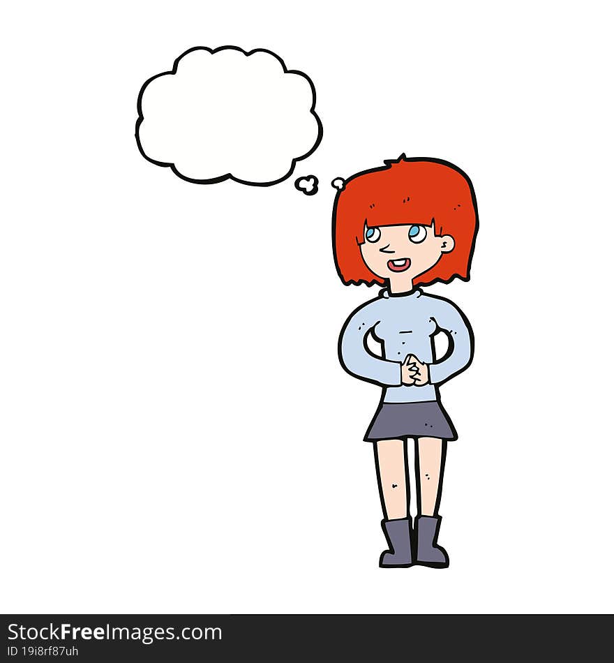 cartoon friendly woman with thought bubble