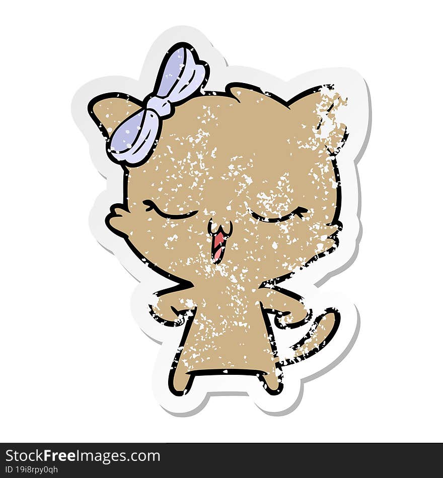 Distressed Sticker Of A Cartoon Cat With Bow On Head