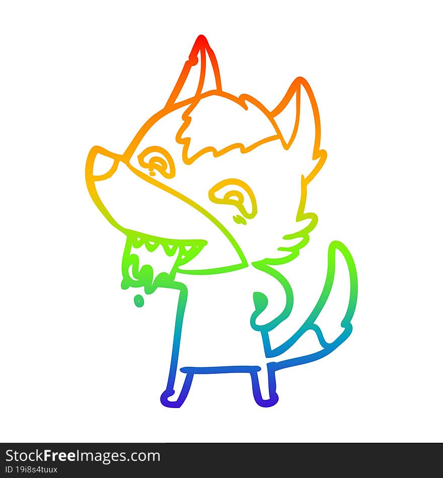 rainbow gradient line drawing of a cartoon hungry wolf