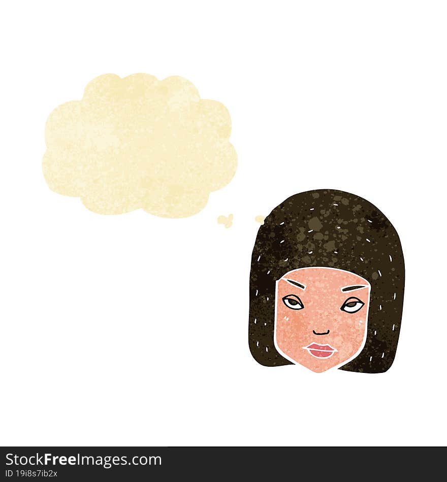 cartoon annoyed female face with thought bubble