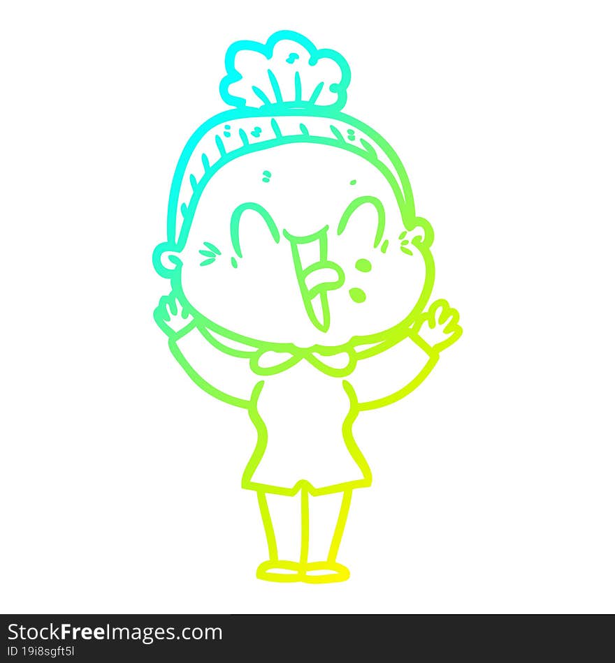 cold gradient line drawing of a cartoon happy old woman