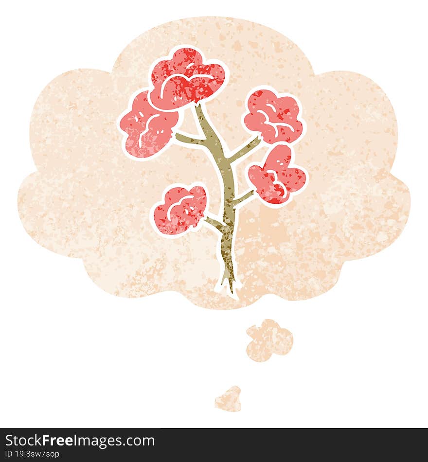 cartoon flowers and thought bubble in retro textured style