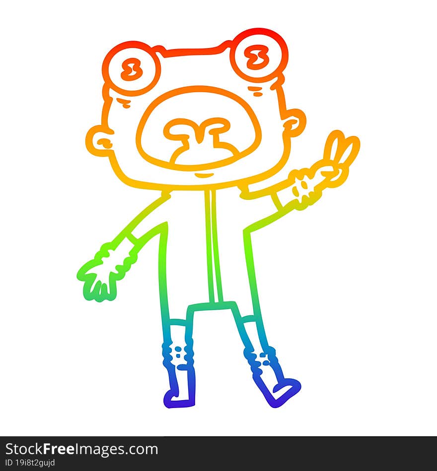 rainbow gradient line drawing of a cartoon weird alien waving