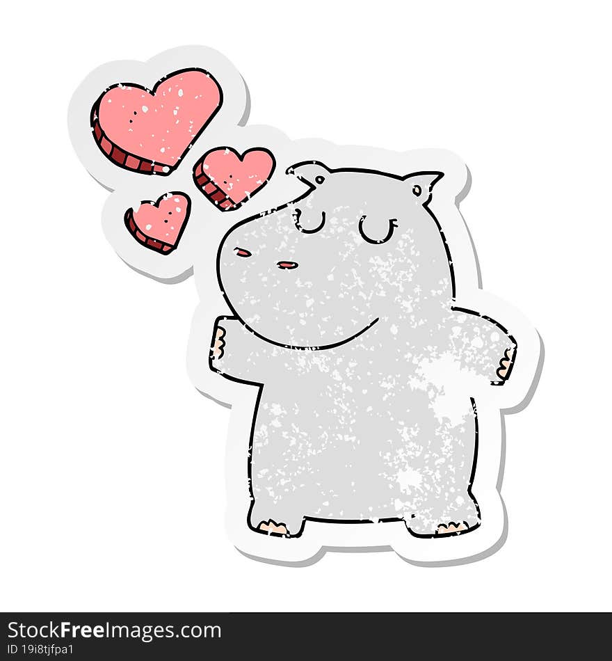 distressed sticker of a cartoon hippo in love