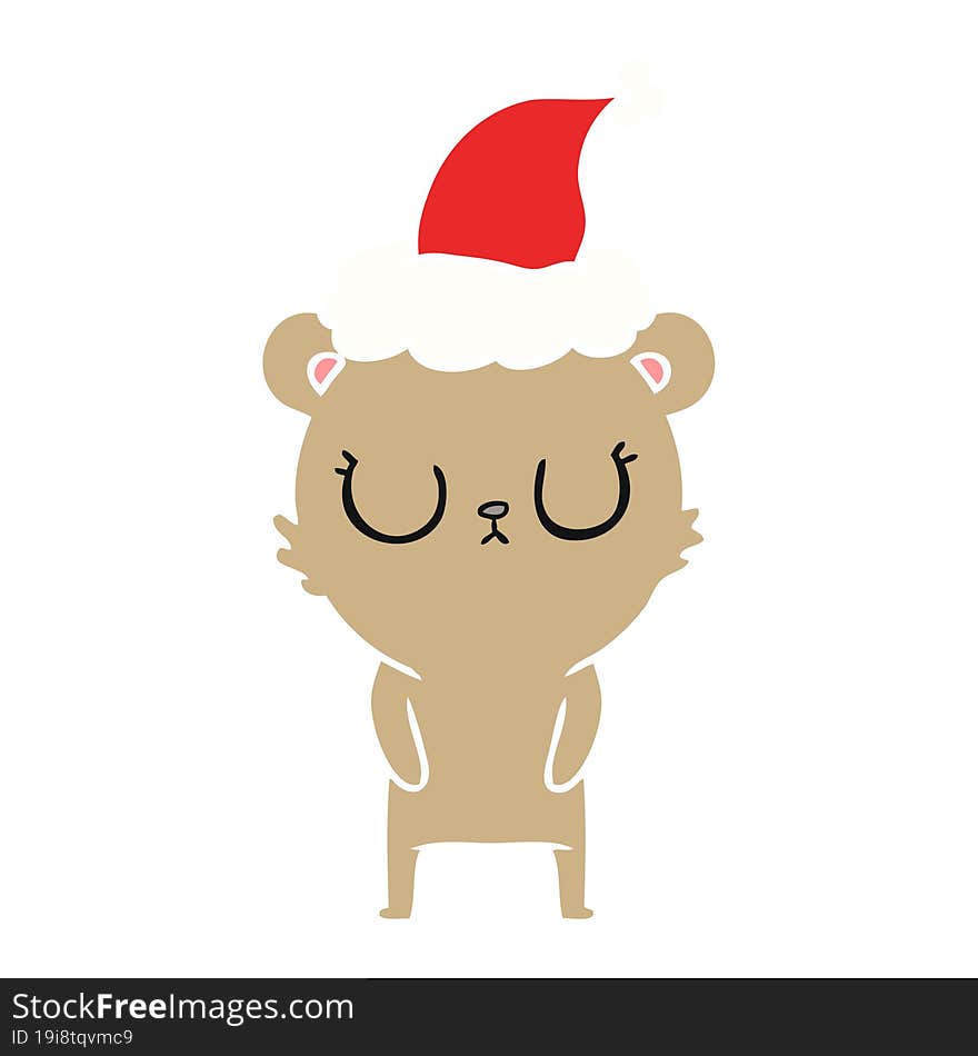 peaceful flat color illustration of a bear wearing santa hat