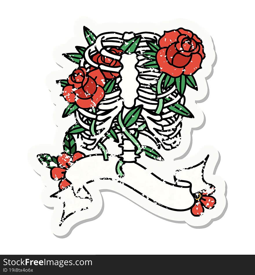 worn old sticker with banner of a rib cage and flowers. worn old sticker with banner of a rib cage and flowers