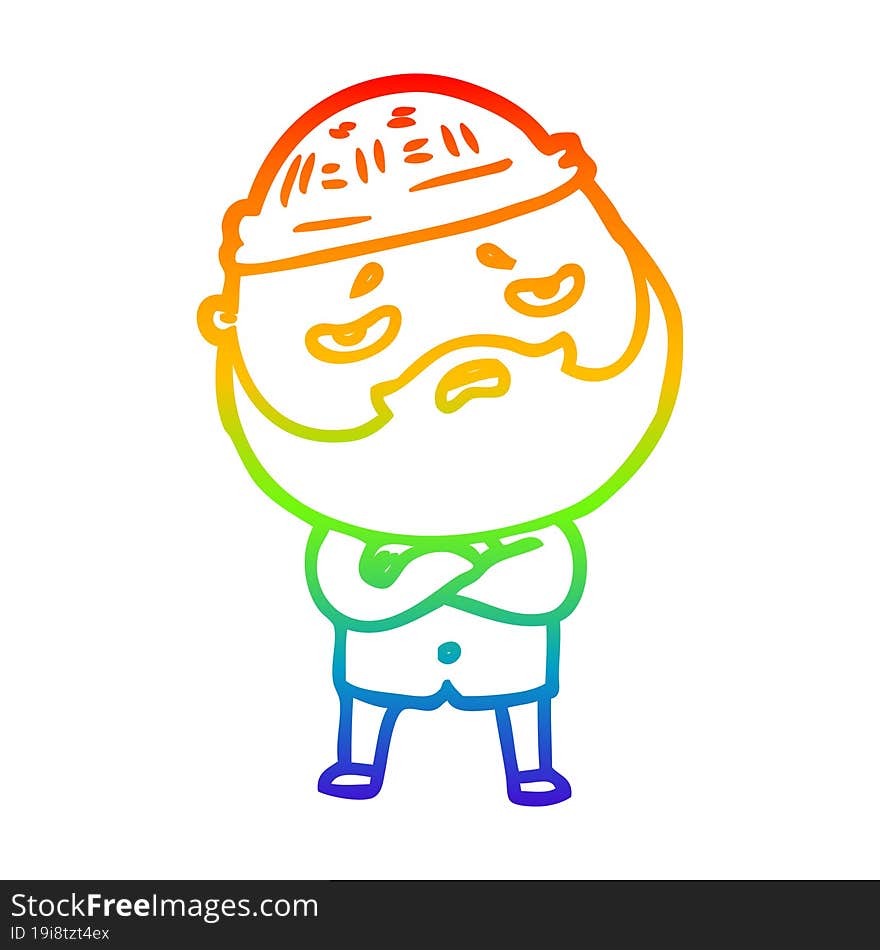 rainbow gradient line drawing of a cartoon worried man with beard