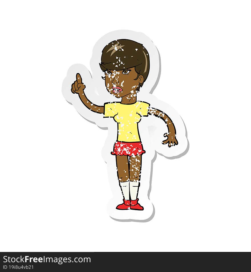 retro distressed sticker of a cartoon woman with idea