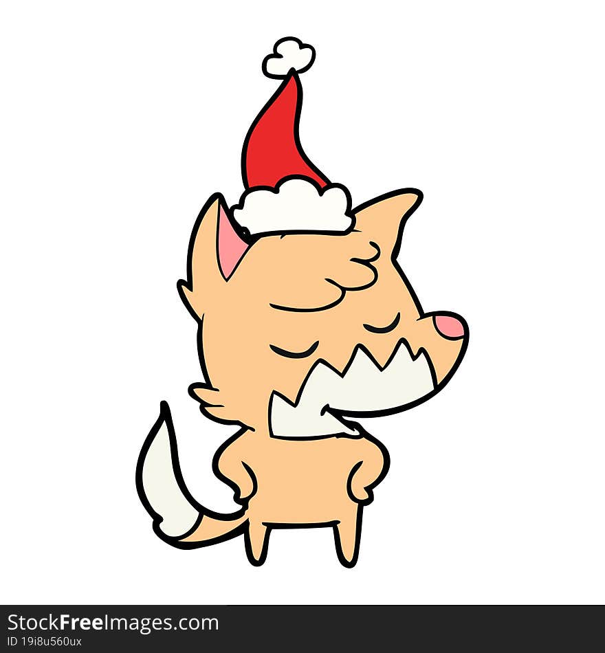 friendly line drawing of a fox wearing santa hat