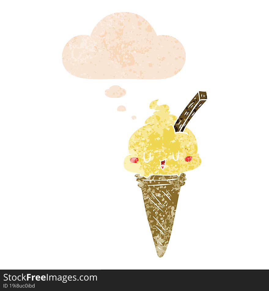 cute cartoon ice cream and thought bubble in retro textured style