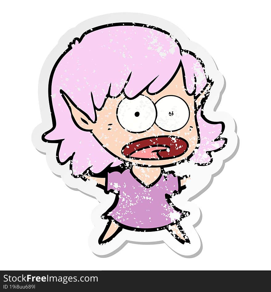 distressed sticker of a cartoon shocked elf girl