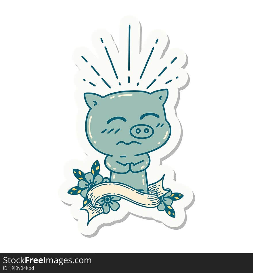 sticker of tattoo style nervous pig character