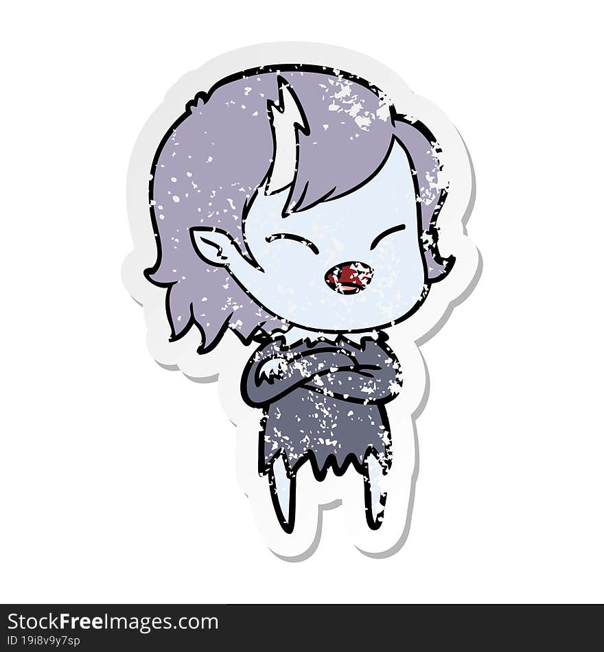 distressed sticker of a cartoon laughing vampire girl