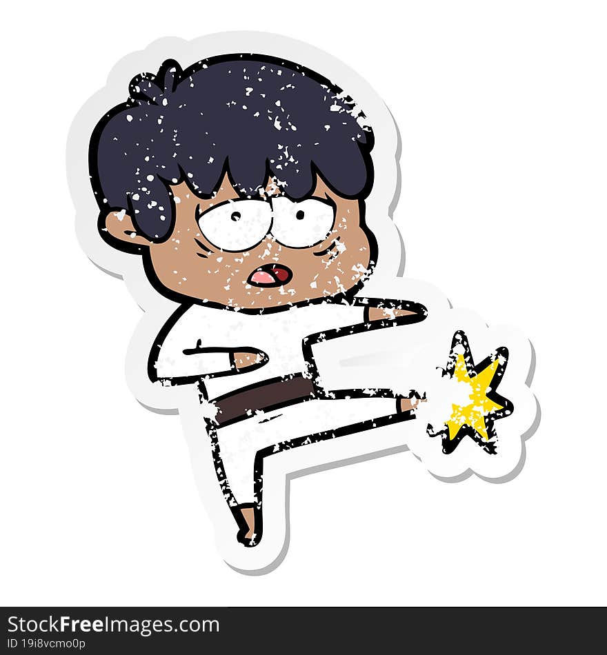 distressed sticker of a cartoon exhausted boy doing karate