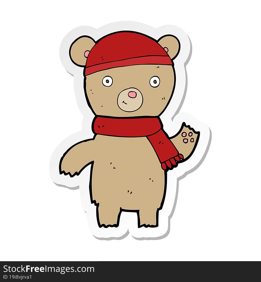 sticker of a cartoon waving teddy bear