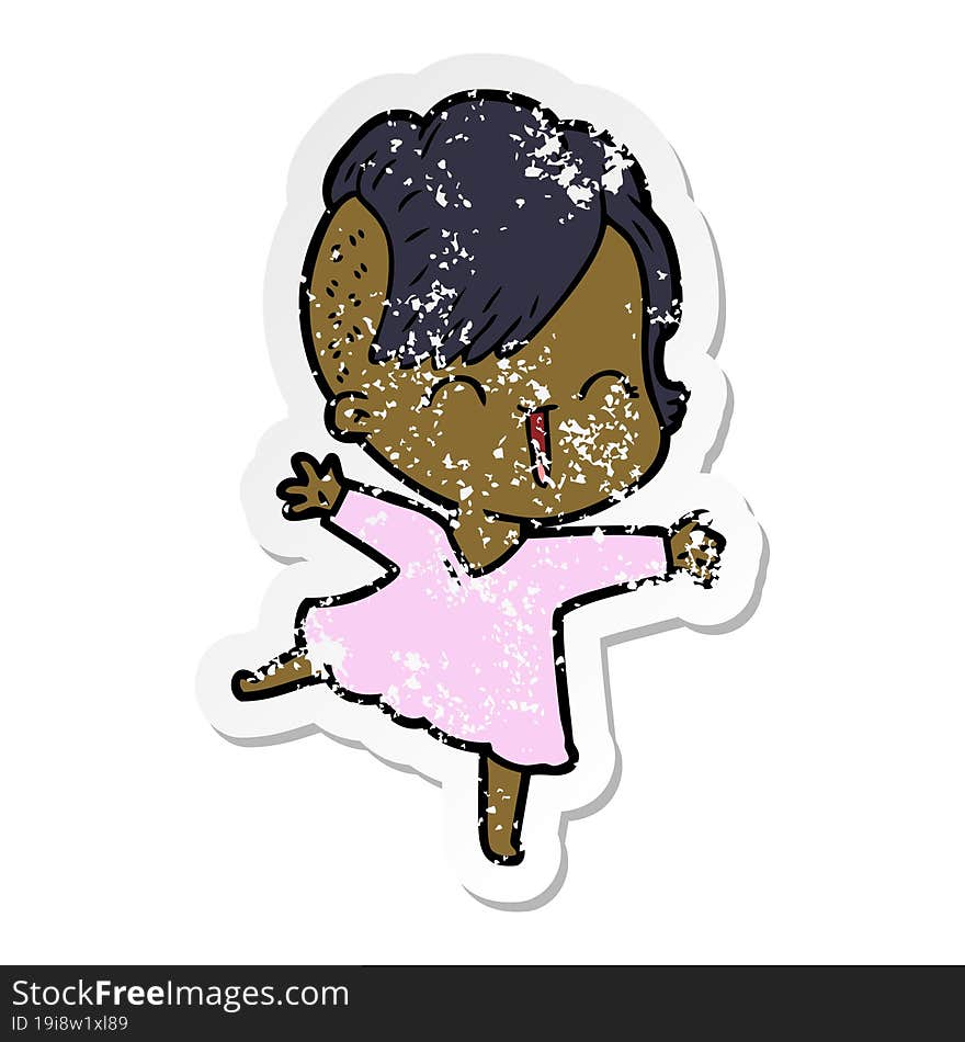 Distressed Sticker Of A Cartoon Happy Hipster Girl