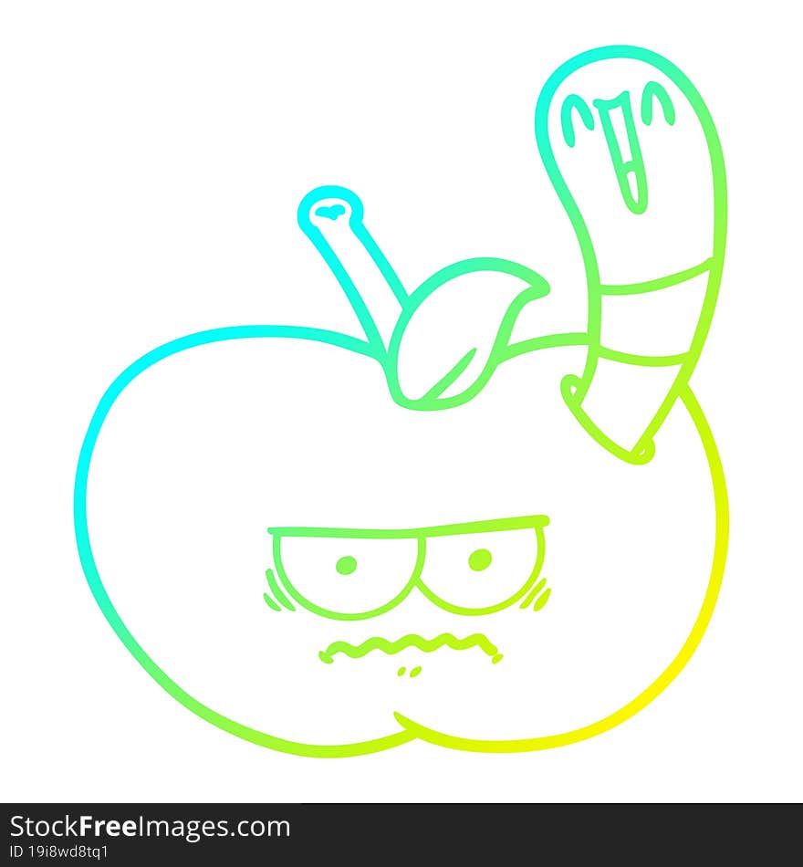 cold gradient line drawing of a cartoon worm eating an angry apple