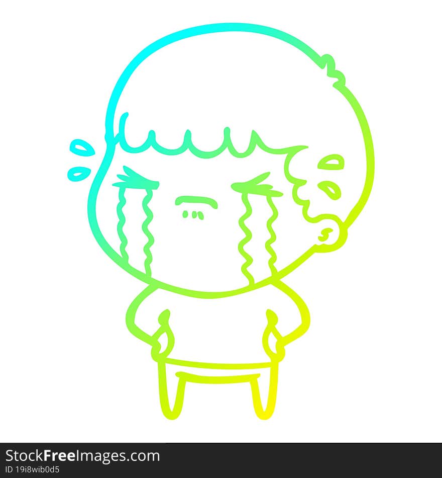 cold gradient line drawing of a cartoon man crying