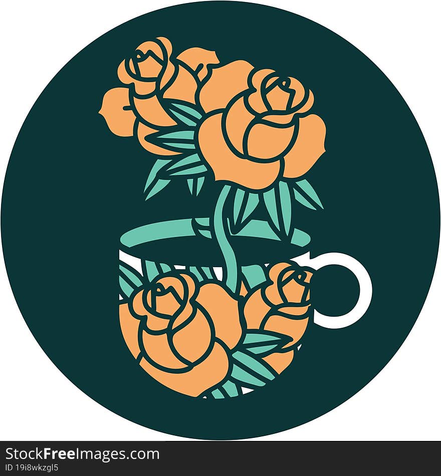 Tattoo Style Icon Of A Cup And Flowers