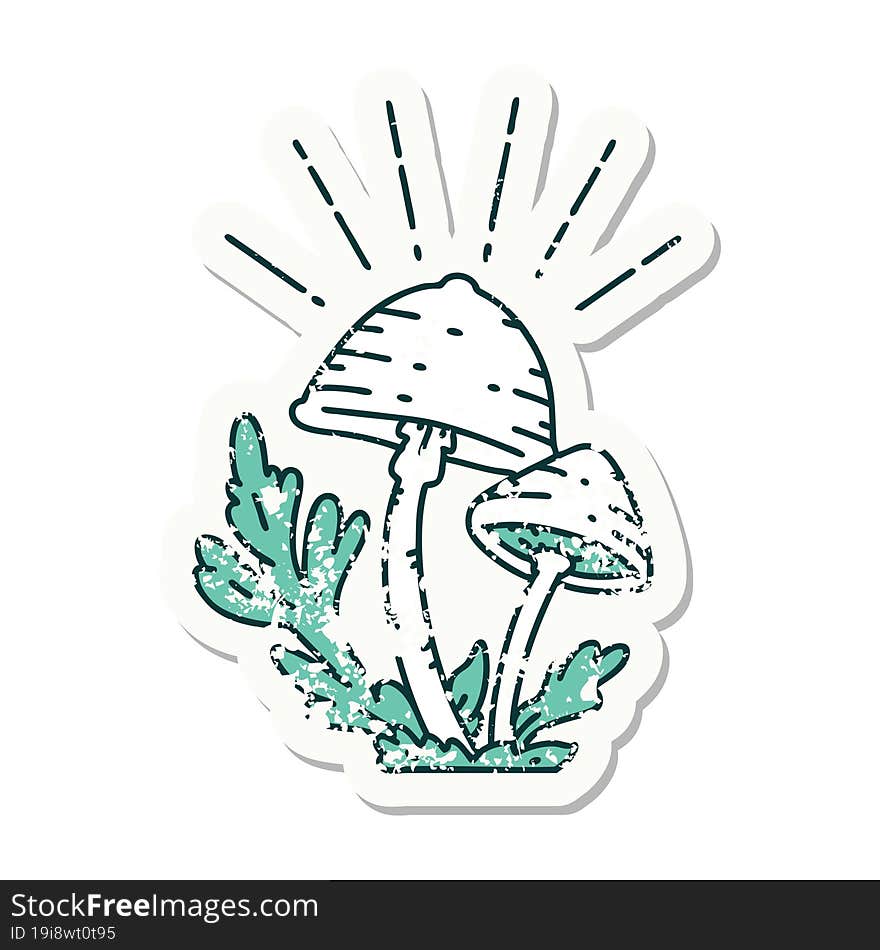 grunge sticker of tattoo style mushrooms