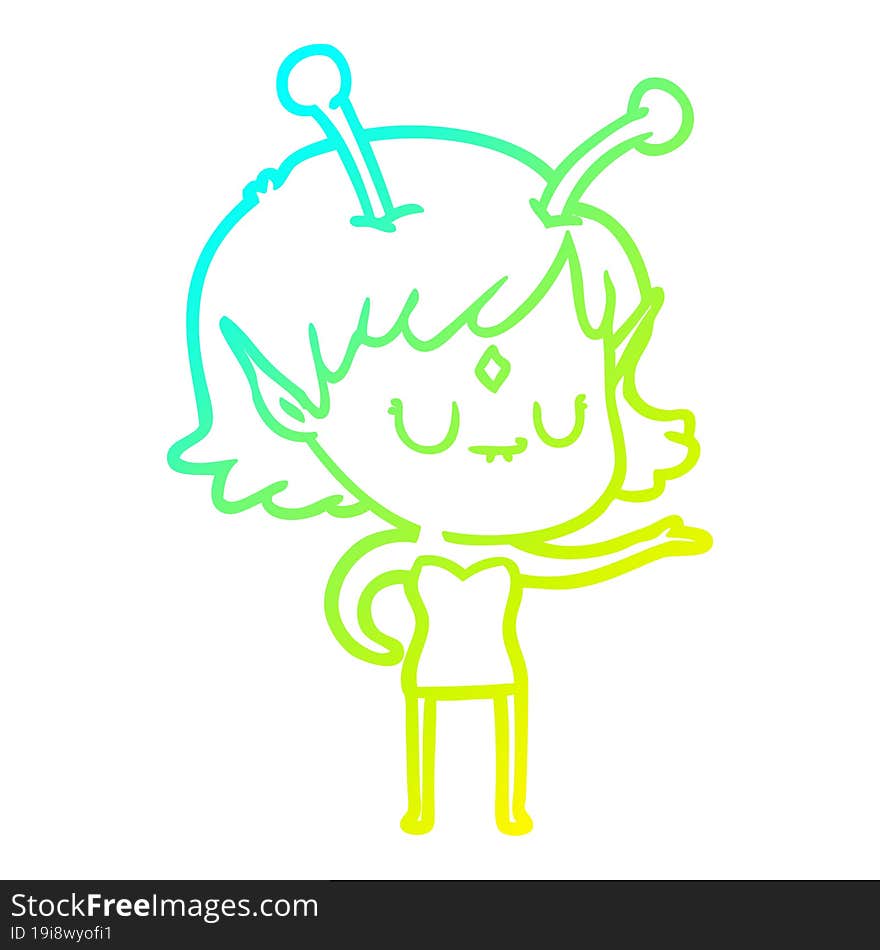 cold gradient line drawing of a cartoon alien girl