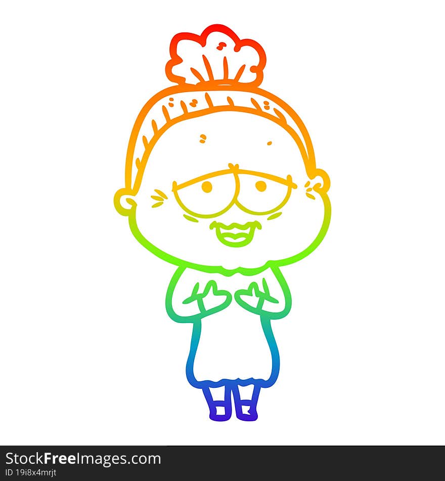 rainbow gradient line drawing of a cartoon happy old lady