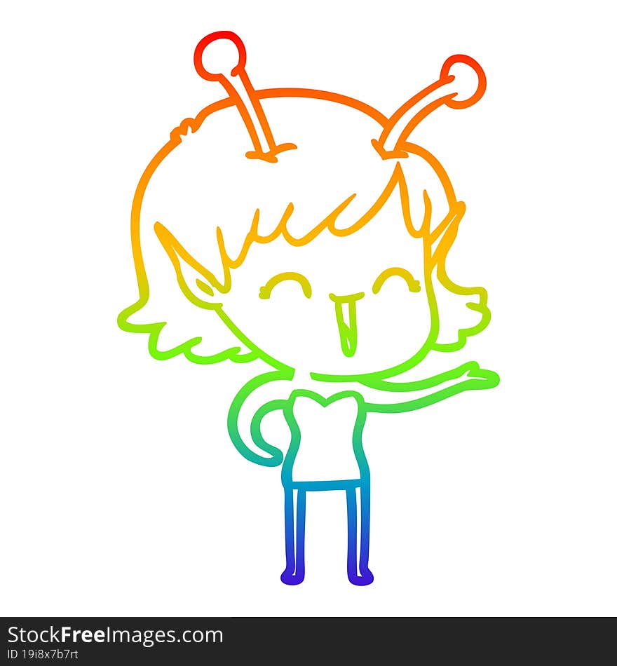 rainbow gradient line drawing of a cartoon alien girl laughing