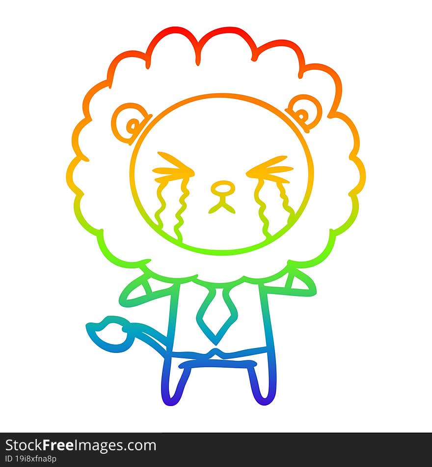 rainbow gradient line drawing cartoon crying lion wearing shirt and tie