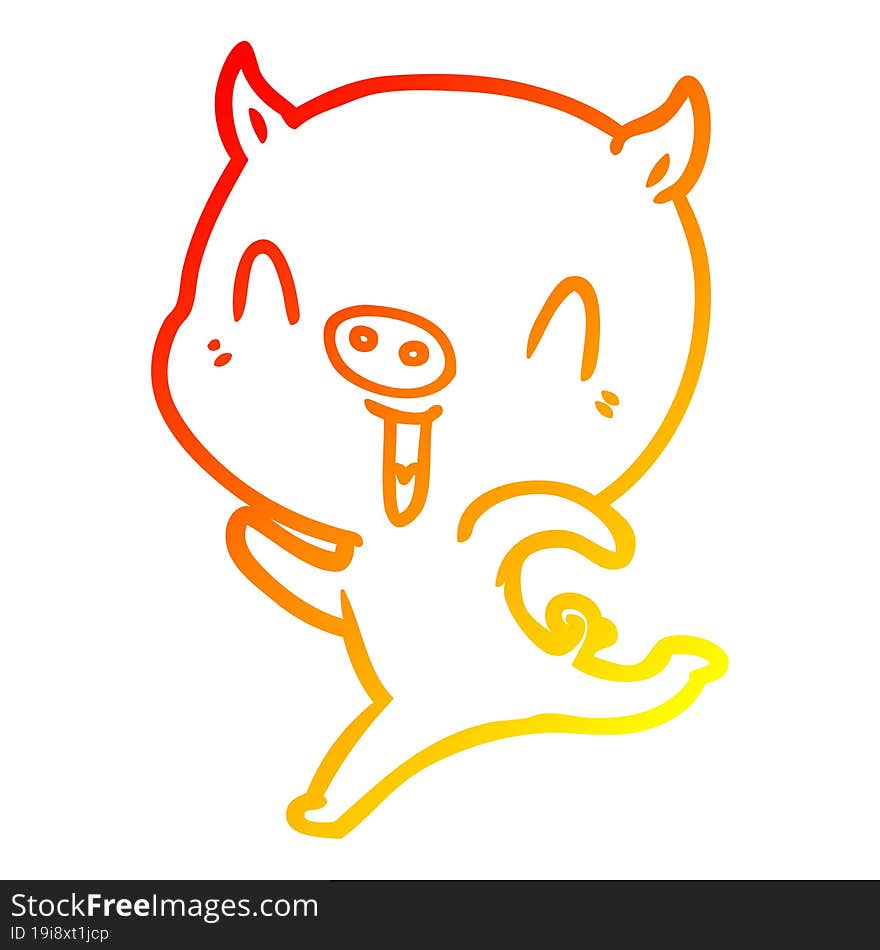 warm gradient line drawing of a happy cartoon pig running